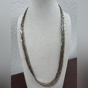 Vintage Tri-Tone Braided Herringbone Chain Necklace Gold, Silver & Rose Tone 24”